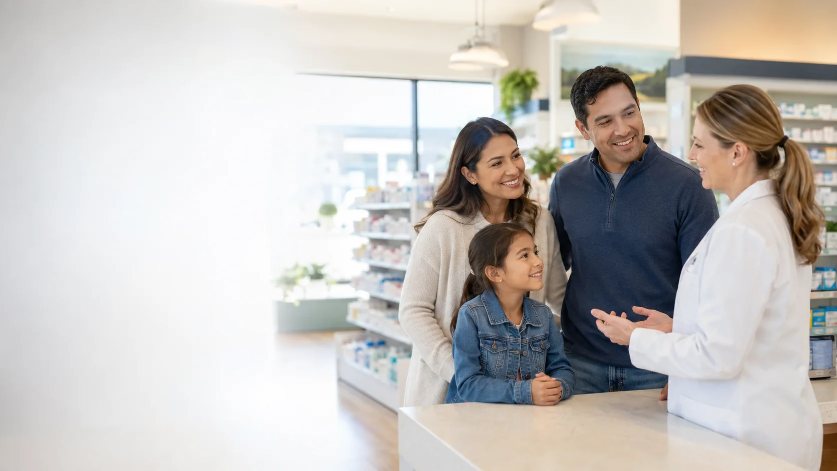 A pharmacist talking with a family inside Santos Family Pharmacy